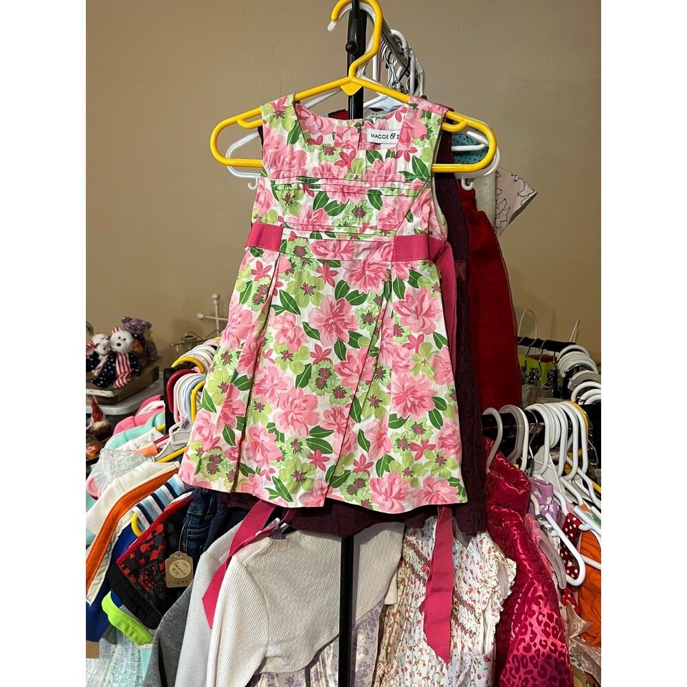 Maggie & Zoe Baby Girl Pink & Green Floral Sleeveless Dress with Back Bow - 12M